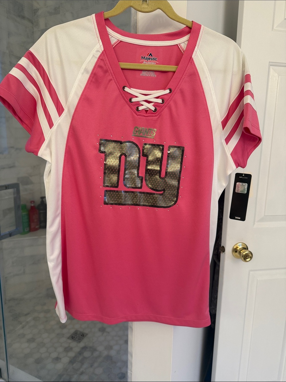 Majestic Pink & White NY Football Lace-Up Tee XL